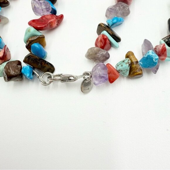 Vtg Southwestern Silver 925 Turquoise Nugget Gemstone Multi Strands Necklace - Picture 7 of 13